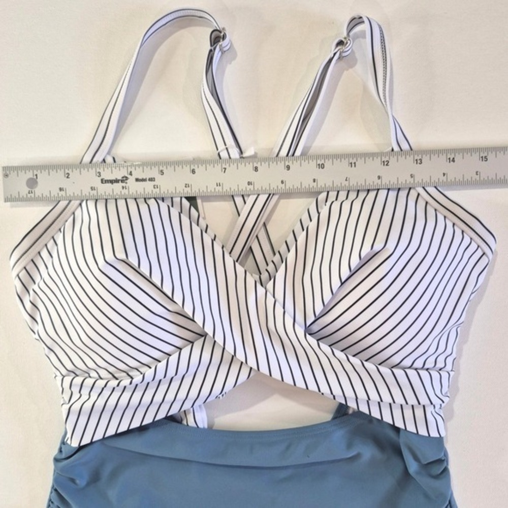 Eomenie Womens One Piece Swimsuit Blue White Striped Ruched Tummy Control Large - Picture 4 of 6